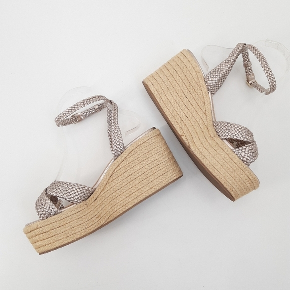 Anthropologie | Woven Strap Wedge Raffia Heels, Sandals in Champagne - Picture 9 of 12
